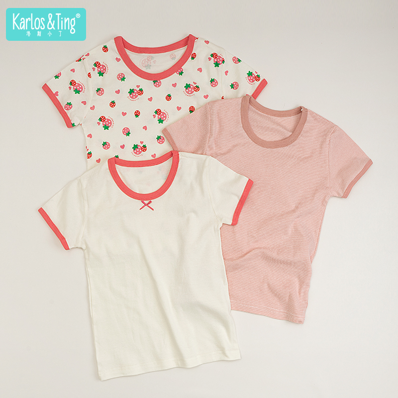 洛斯小丁23夏新女童草莓粉色T恤短袖中大童上衣纯棉薄款透气3件装