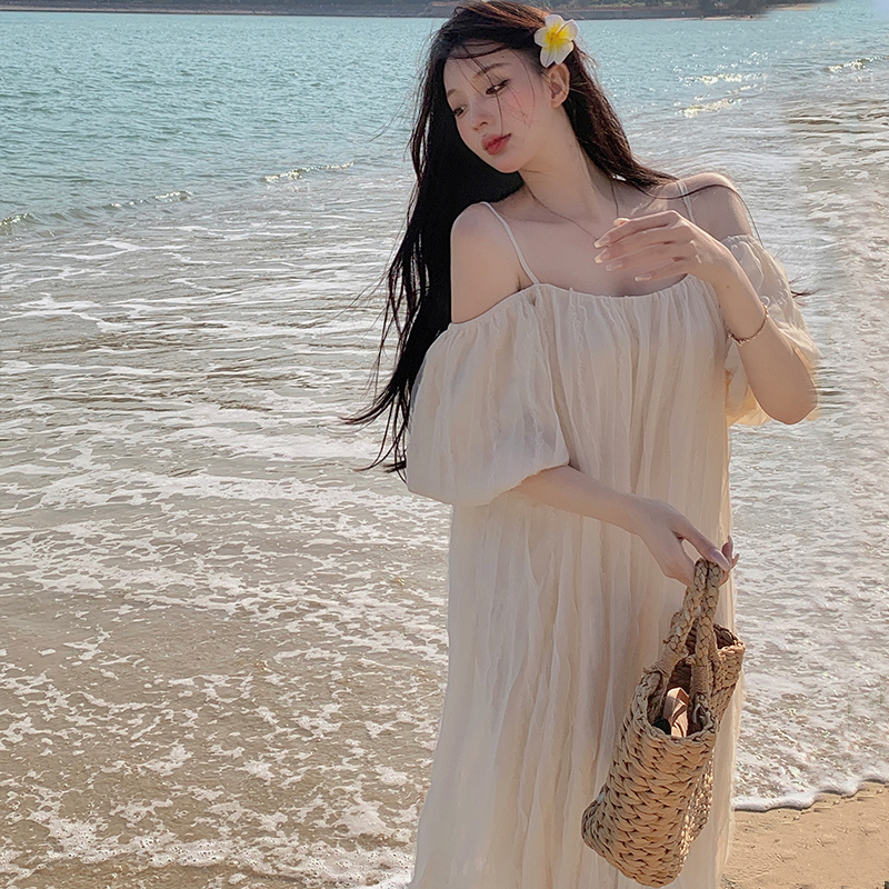 波西米亚法式海边拍照度假风露背沙滩连衣裙夏季新款仙女修身裙子