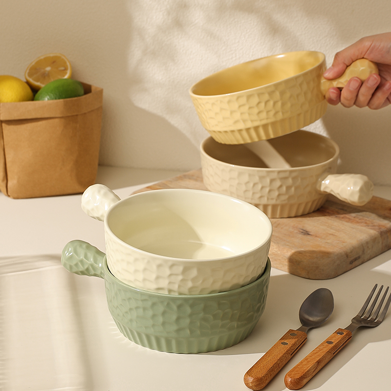 奶油色陶瓷手柄碗舒芙蕾烤碗焗饭拌面拌饭碗个人专用沙拉碗零食碗