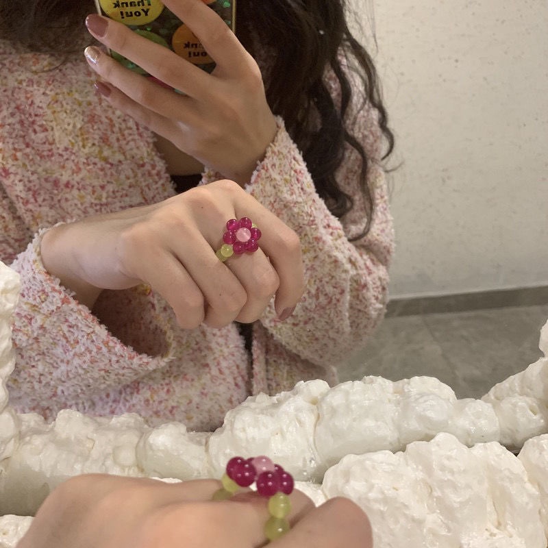 复古花朵串珠戒指女 欧美日韩跨境水晶编织韩国ins小众设计指环