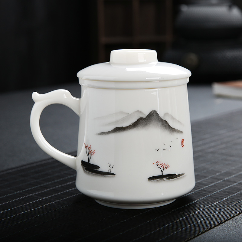 春轩堂白瓷过滤茶杯带把带盖茶水分离大容量办公陶瓷水杯礼品家用