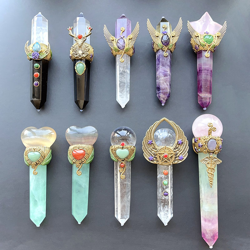 天然水晶权杖白水晶粉晶魔法棒魔法棍手工制作原创设计水晶权杖