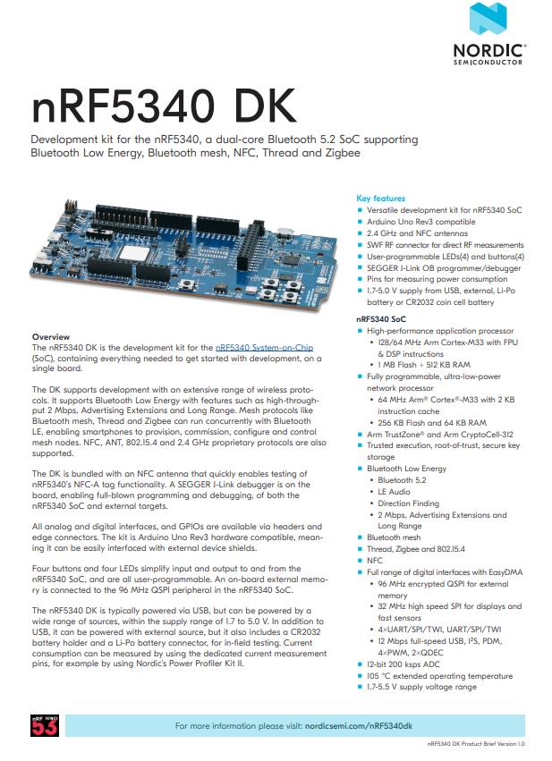 现货nRF5340-DK双核蓝牙低功耗5.2SoCNordicPCA10095开发板