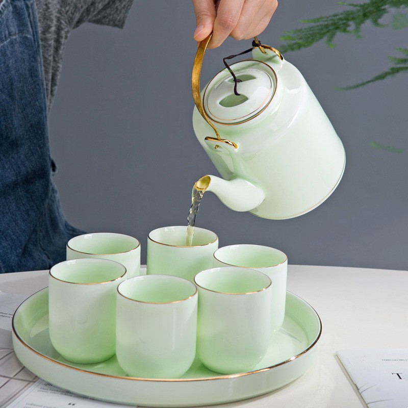 景德镇陶瓷功夫茶具套装家用大容量青瓷提梁壶茶杯茶盘泡茶壶中式