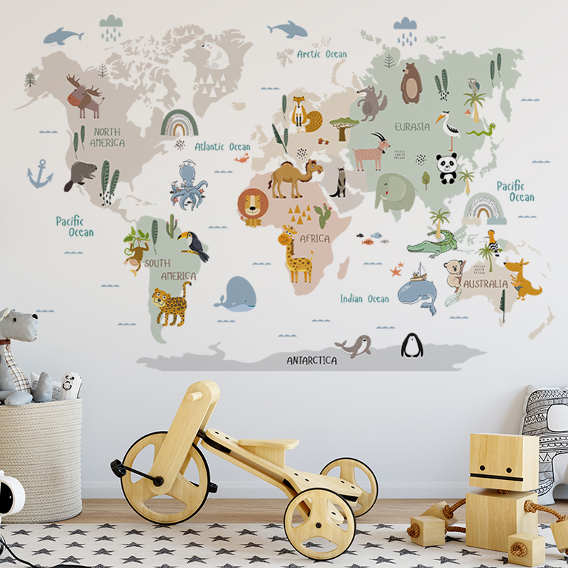 幼儿园儿童房卧室背景墙装饰墙贴房间墙面卡通版世界地图贴纸布置