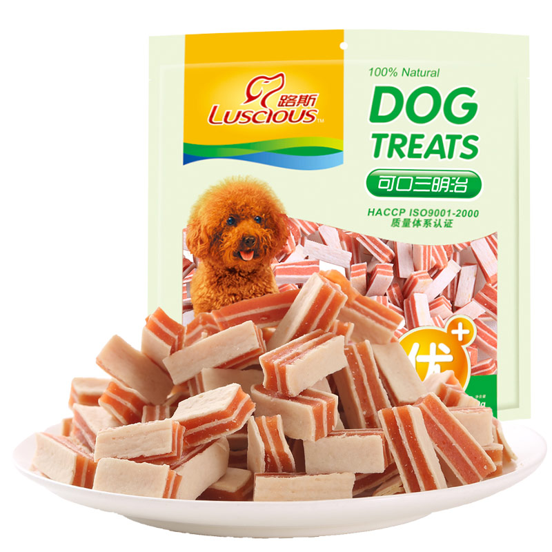 路斯宠物零食泰迪狗狗零食鸡胸肉干鳕鱼片宠物食品可口三明治400g
