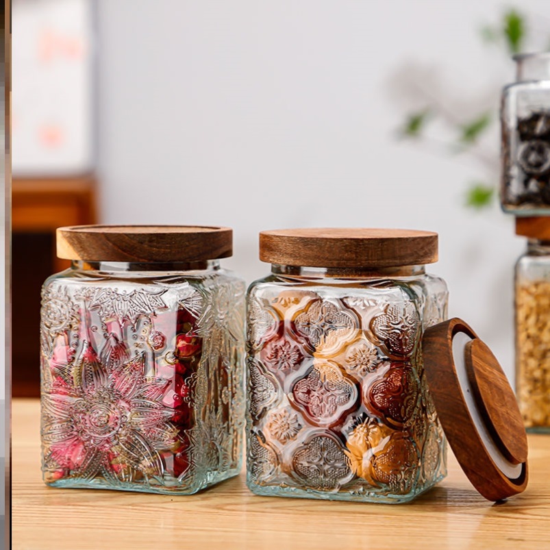 家用杂粮零食带盖收纳密封罐食品级复古海棠花纹玻璃罐储物瓶厨房