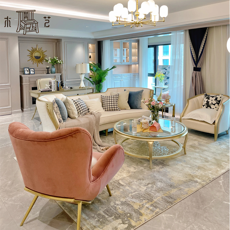 美式轻奢实木皮布艺沙发法式小户型客厅现代简约别墅高端沙发组合