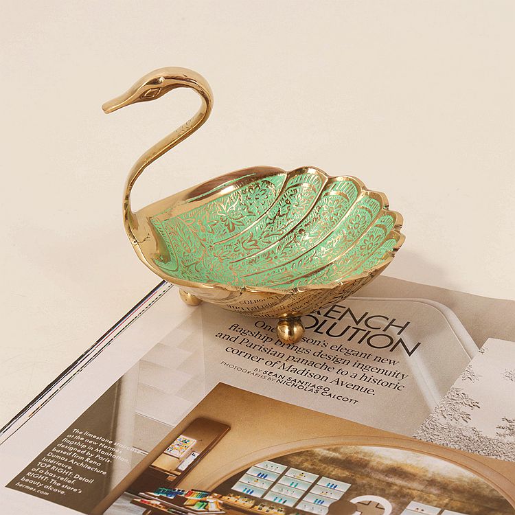 印度进口黄铜果盘天鹅复古手工绿色雕刻花纹装饰首饰小干果零食碗