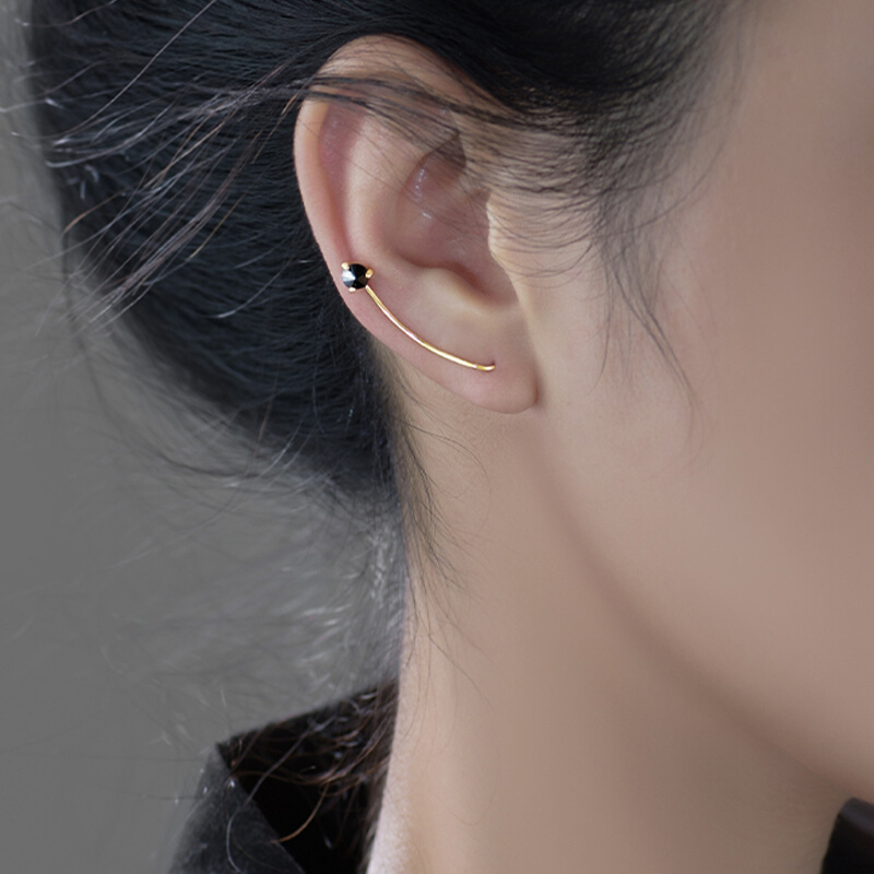 925纯银耳钉女夏季小众设计感2021年新款潮U型黑钻独特耳环耳饰品