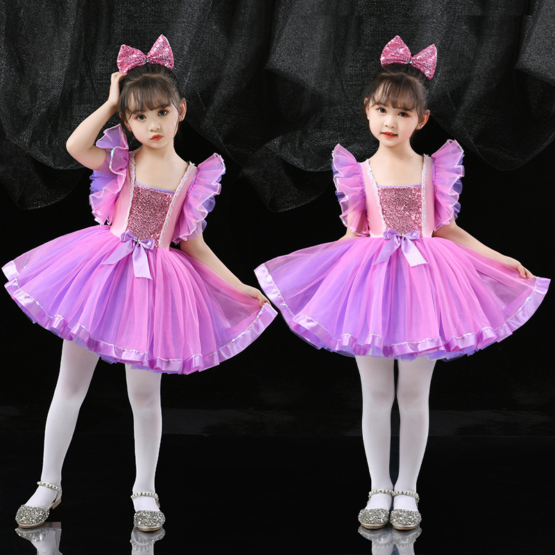 新款六一儿童演出服蓬蓬纱裙亮片幼儿园舞蹈表演服女孩公主连衣裙