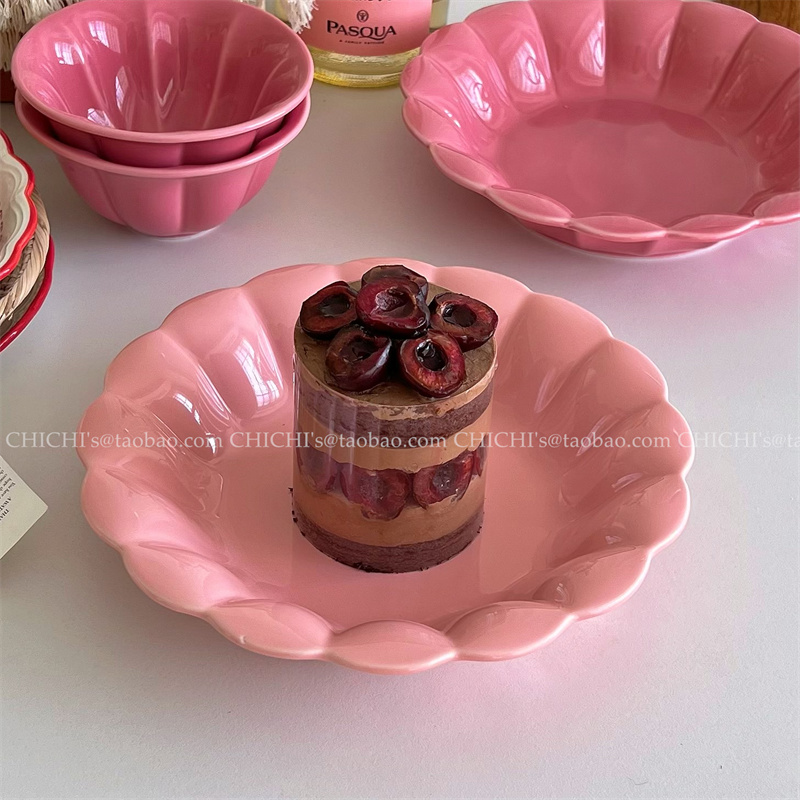 ins风法式华韵系列高级感粉色花边釉下彩陶瓷餐具家用果盘甜品盘