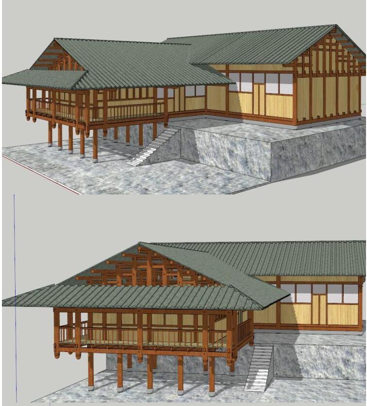 南方中式传统民宿客栈su模型客房吊脚楼住宅树屋木屋sketchup模型