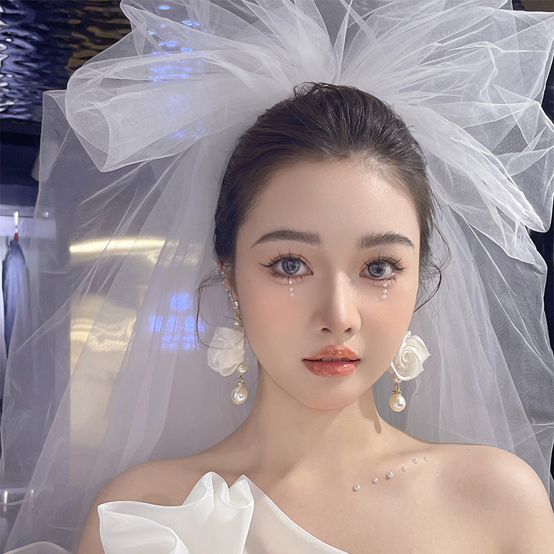 水舞R0393新娘韩式白色空气感甜美中长款头纱公主婚礼婚纱发饰品