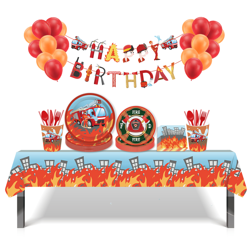 消防车节日派对一次性餐具纸盘纸杯Fire Truck Birthday Party