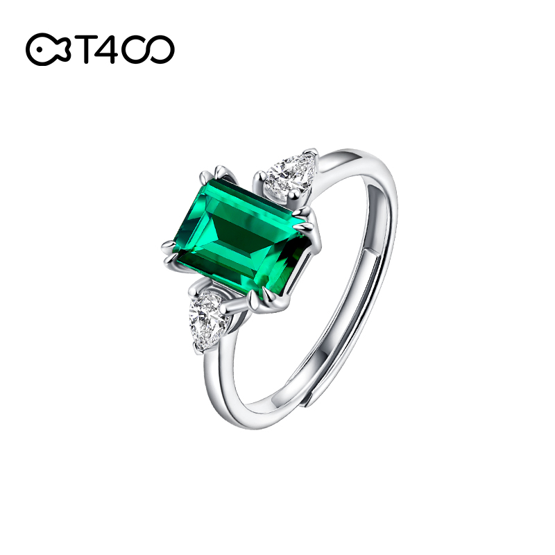 T400祖母绿开口戒指女纯银轻奢小众绿宝石方形指环生日礼物送女友