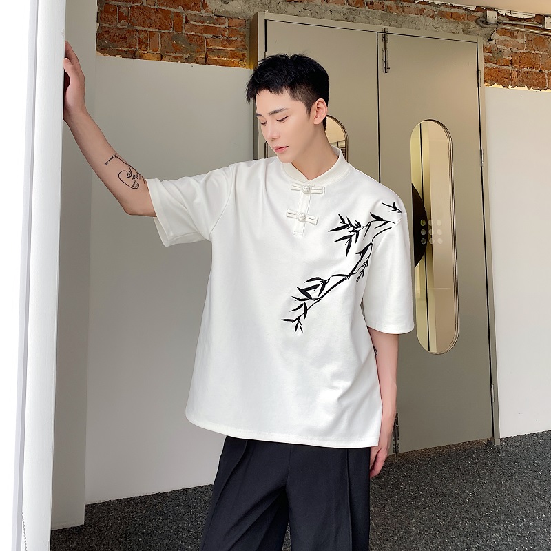 夏季改良中式盘扣T恤男短袖小众竹子刺绣设计感复古国风半袖上衣