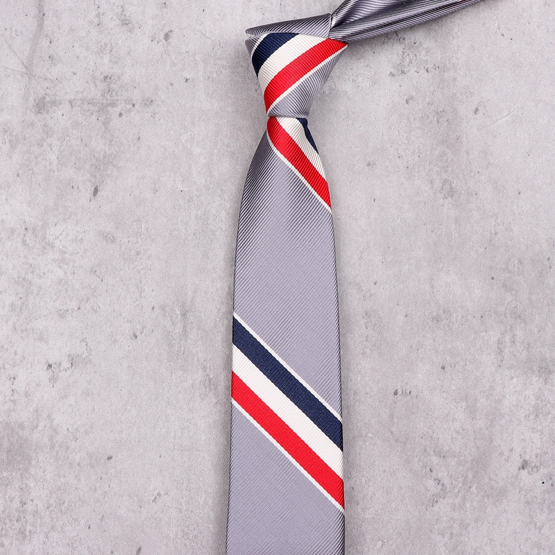TB风格提花真丝窄领带5.5cm男时髦潮流韩版桑蚕丝刺绣红白蓝条纹