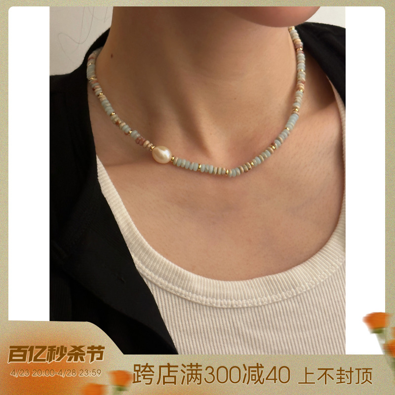 安小柏◆欧美博主同款天然石串珠彩色不规则淡水珍珠设计感项链