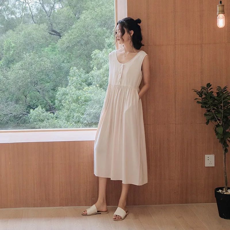暧昧家精品女装夏季新款韩版女式连衣裙纯色气质通勤圆领中长裙
