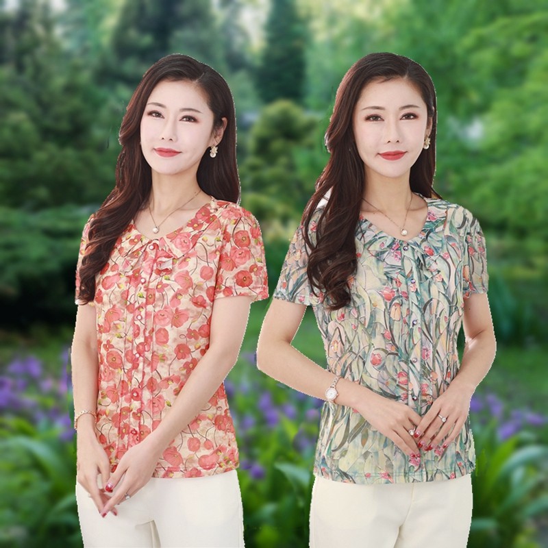 夏装新款中年女装短袖薄T恤速干台湾印花网纱洋气质妈妈衫上衣