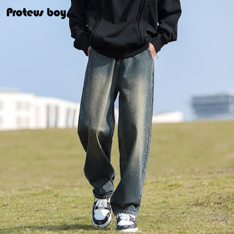 ProteusBoy牛仔裤男款夏季春秋复古男士做旧宽松直筒休闲运动裤子