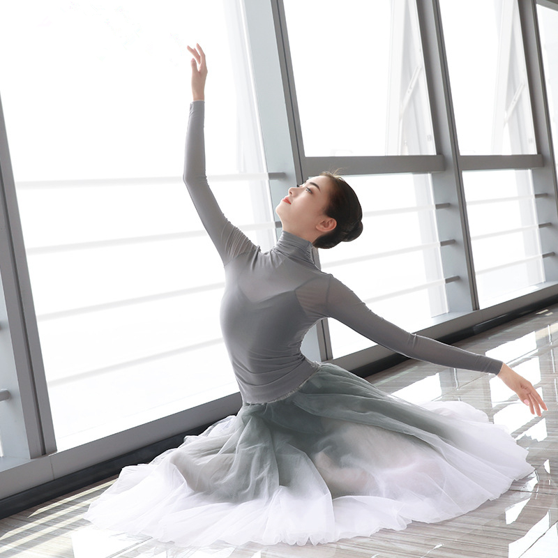 芭蕾舞练功服成人女现代舞高领长袖瑜珈古典纱衣形体网纱上衣套装
