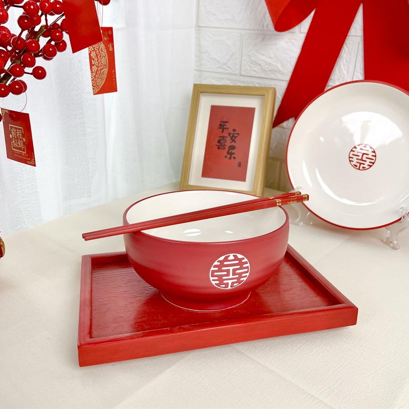 结婚陶瓷喜碗大号面碗陪嫁红色碗筷磨砂家用平安喜乐喜面婚庆用品