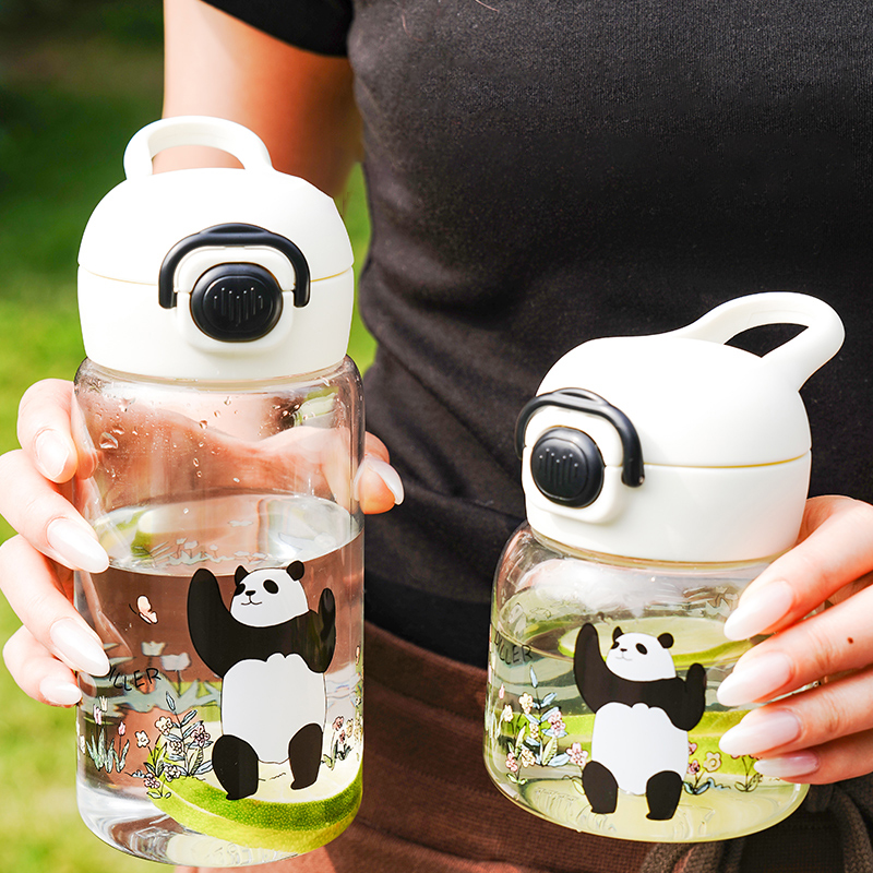 可爱熊猫直饮塑料水杯女高颜值学生上学专用水壶夏天便携儿童杯子