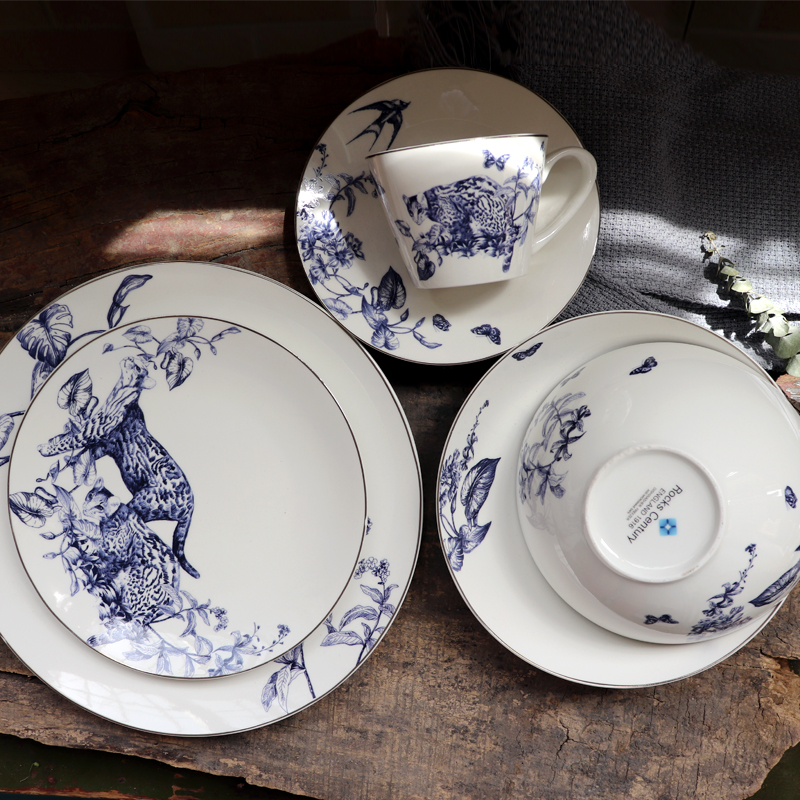 外贸出口英国北欧风家居丛林系列陶瓷餐具套装描银大小汤盘碗杯碟