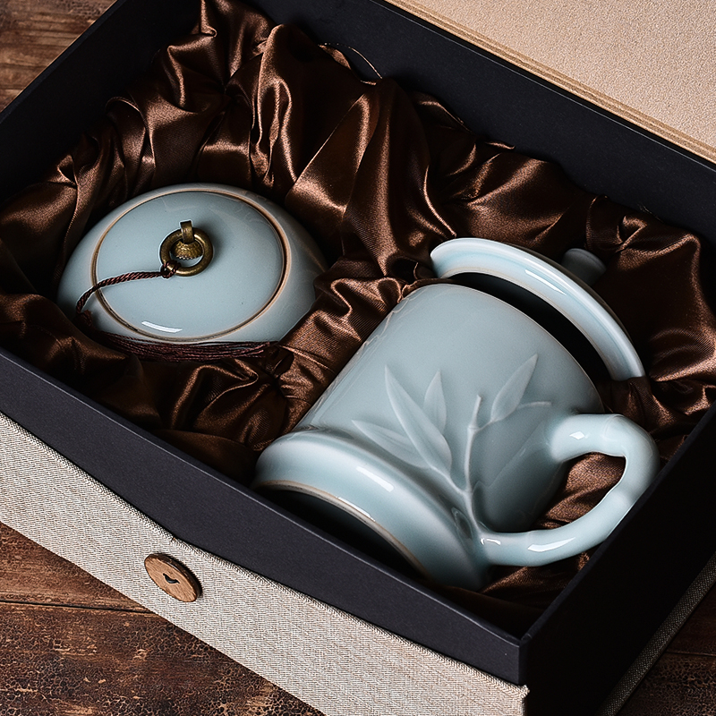 青瓷办公茶杯茶罐组合带手柄纯色中式会议杯定制高档陶瓷礼盒套装