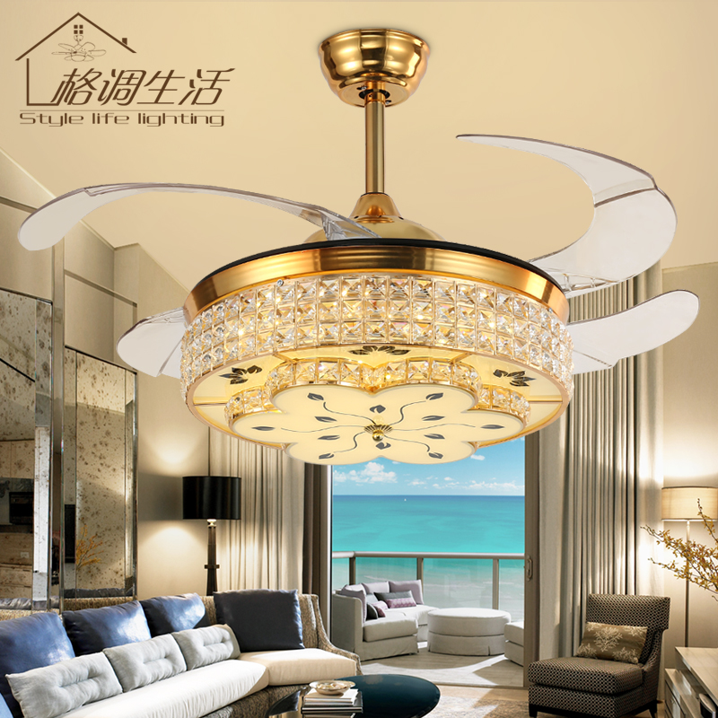 隐形水晶吊扇灯餐厅客厅卧室风扇吊灯欧式带LED遥控家用吊扇灯具