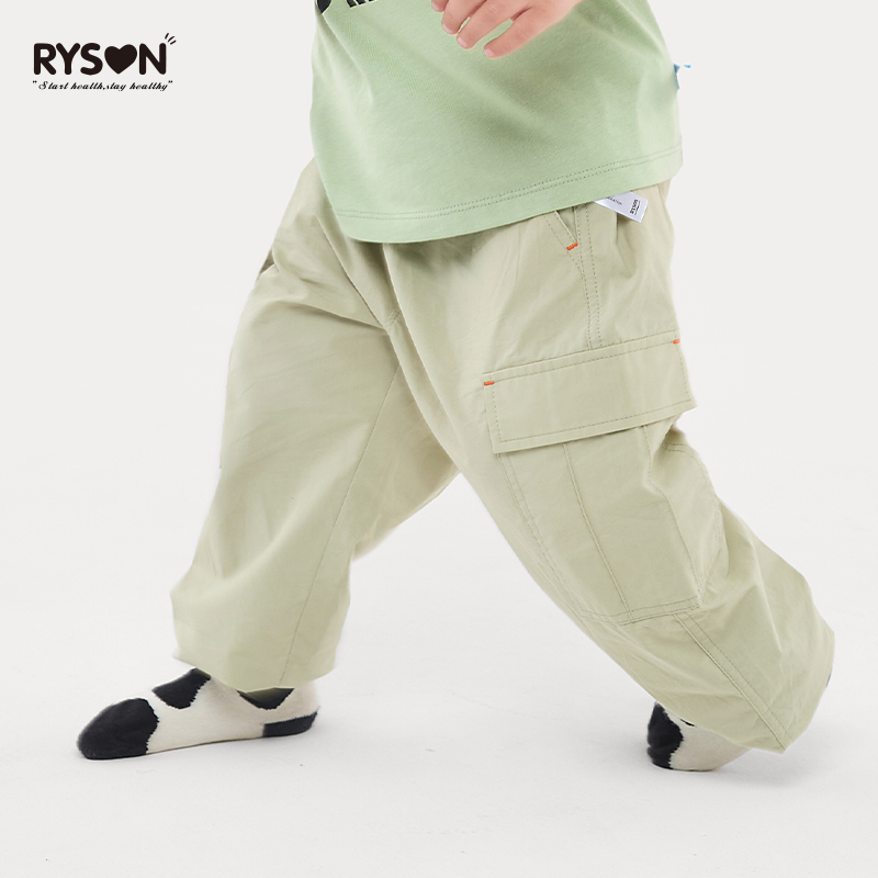 RYSON潮童装23夏季新款长裤子空气束脚裤防蚊绿色纯棉透气工装裤