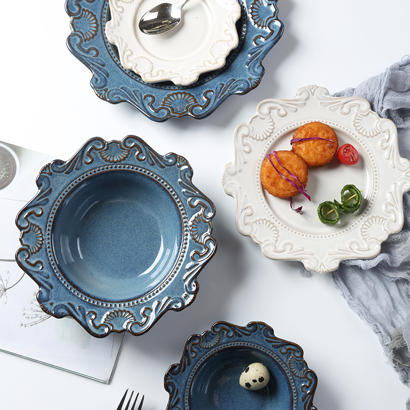 复古浮雕陶瓷餐具创意家用平盘菜盘西餐盘饭碗面碗汤碗甜品盘欧式