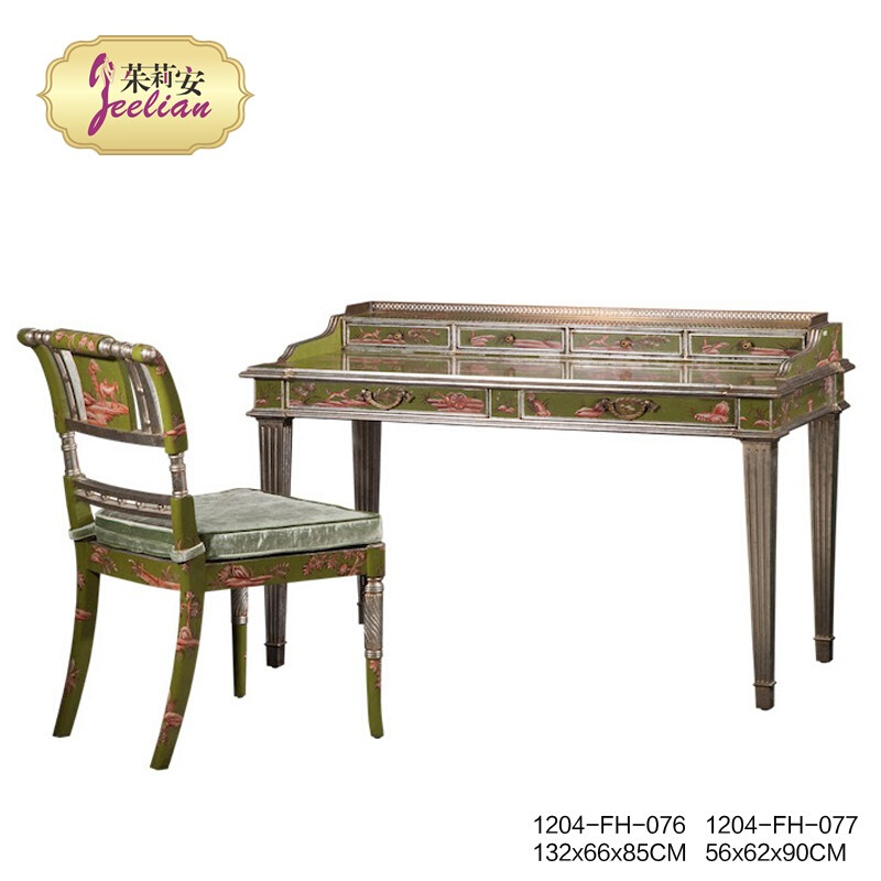 茱莉安法式中国风手工彩绘明清人物山水绿色书桌椅别墅艺术家具