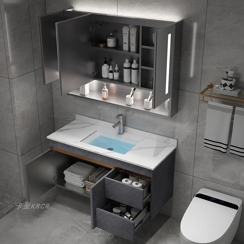 轻奢不锈钢智能浴室柜组合简约现代卫生间洗脸洗手面盆池漱台镜柜