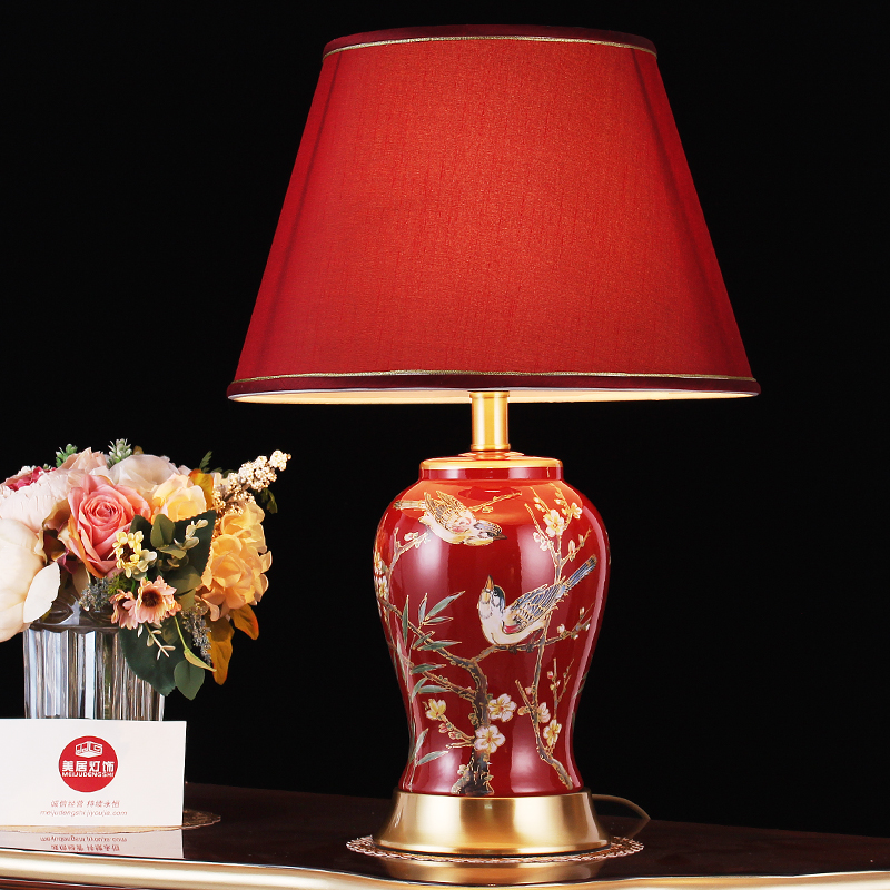 新中式红色台灯卧室床头灯古典全铜陶瓷结婚喜庆客厅展厅遥控调光