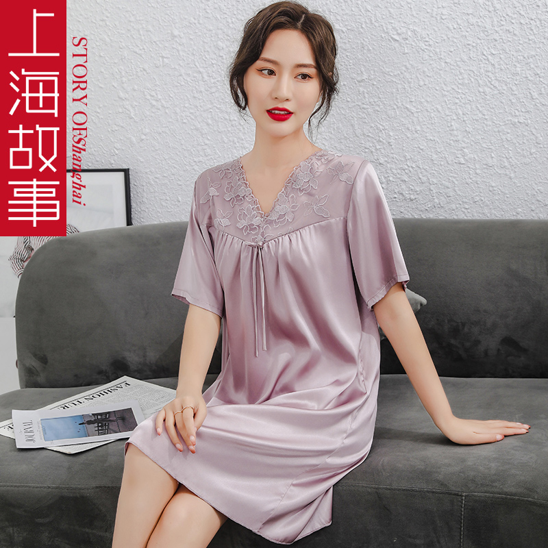 上海故事2024年新款睡衣女士夏季冰丝薄家居服仿真丝绸外穿睡裙