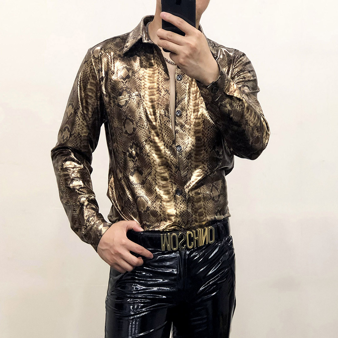 男士精品金色蛇纹豹纹高光亮面衬衫修身大码夜店性感衬衣外贸欧货