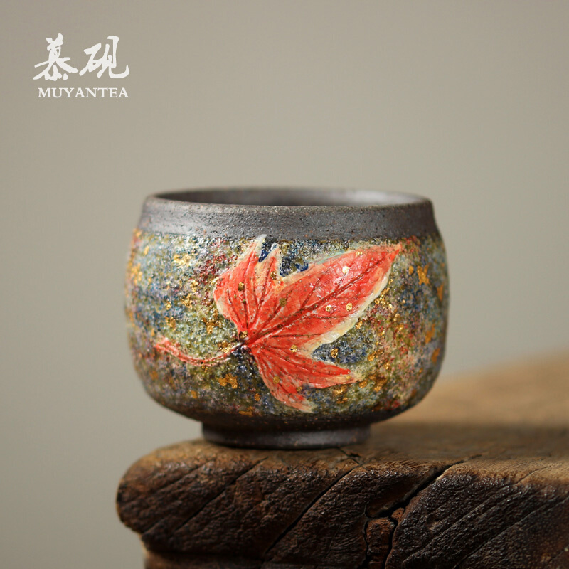 慕砚日式岩矿茶杯手作木叶天目盏高越柴烧茶具个人陶瓷茶盏主人杯