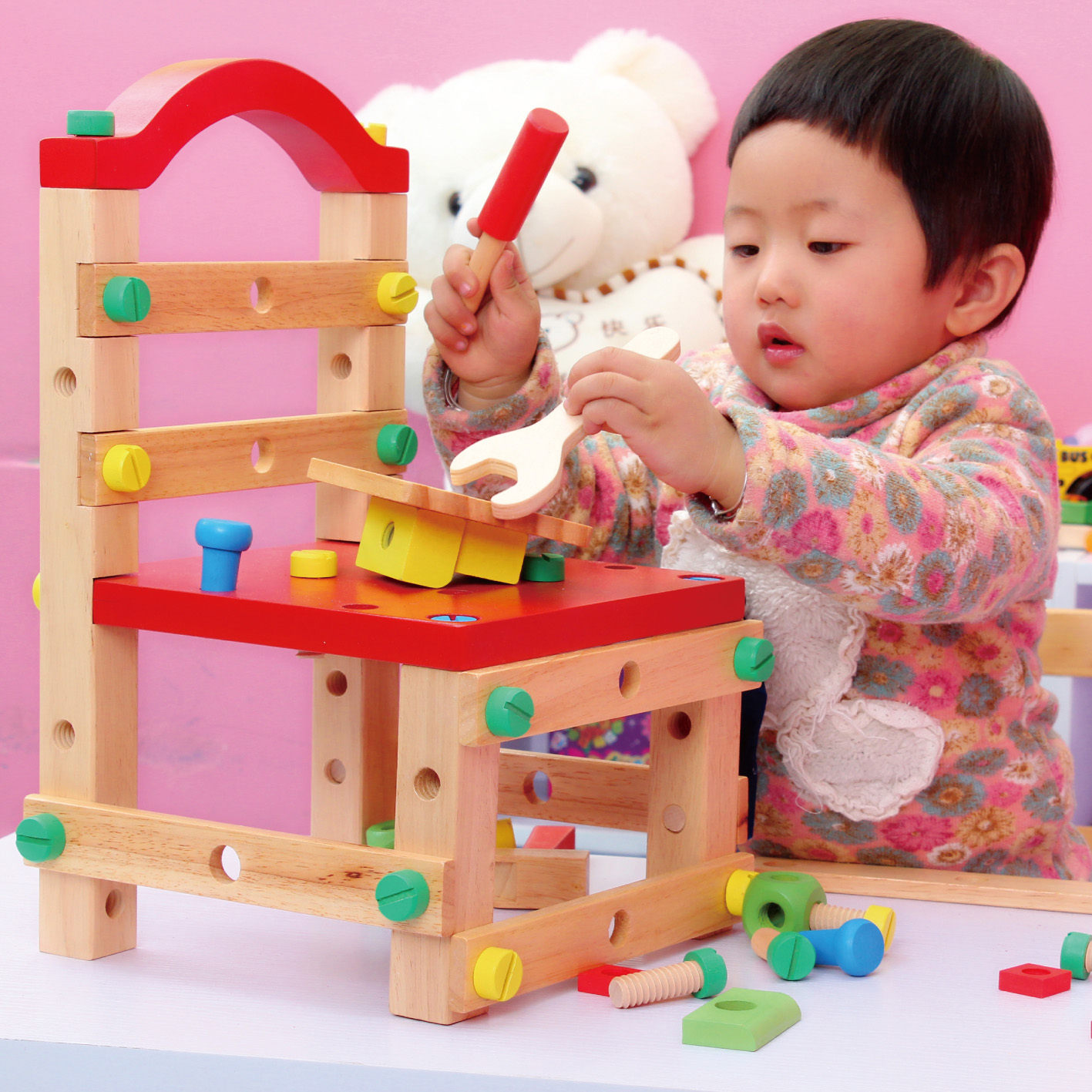 正品3-4-5-7岁儿童鲁班椅拆装工具椅螺母组合榉木拼装组装 益智力