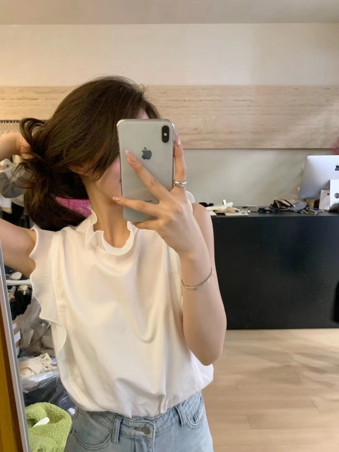 BEE 温柔小女人韩版设计感木耳边拼接无袖背心时尚T恤衬衣女夏季