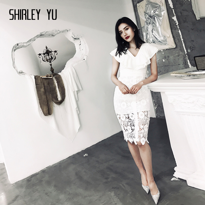 SHIRLEY YU2024新款聚会优雅荷叶边蕾丝连衣裙白色修身聚会小礼服