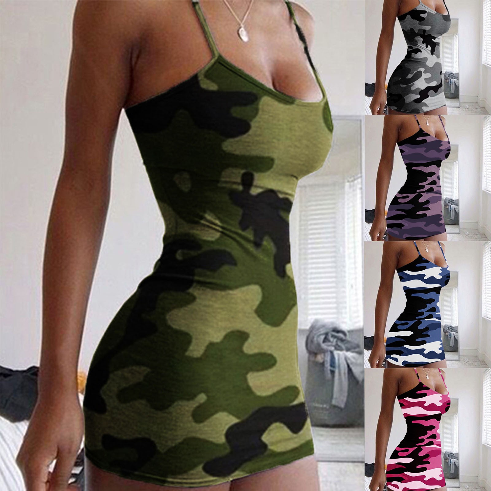 Camouflage print sexy tight dress with suspenders 修身连衣裙