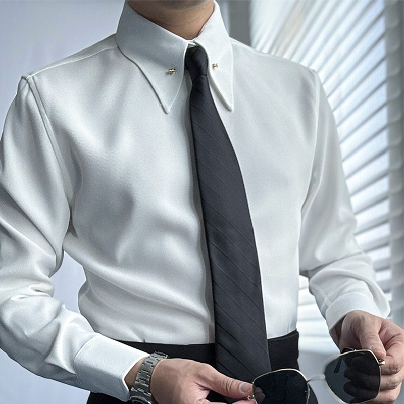 MUSHEN慕绅纯白色帝国领针孔衬衫免烫商务休闲高级感修身长袖衬衣