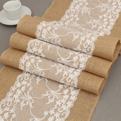 Linen table flag lace cloth Christmas黄麻布桌旗蕾丝桌布装饰