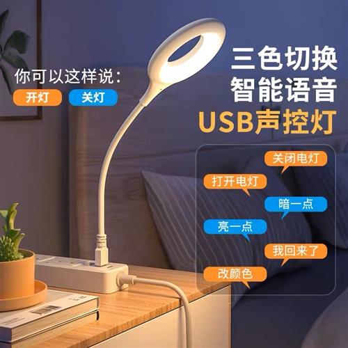 人工智能语音声控床头灯USB控制灯感应灯LED插口小夜灯一体台灯
