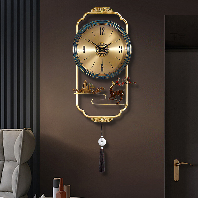 新中黄式铜挂钟客厅家用时尚轻奢现代时钟表黄铜创意高档挂墙新款
