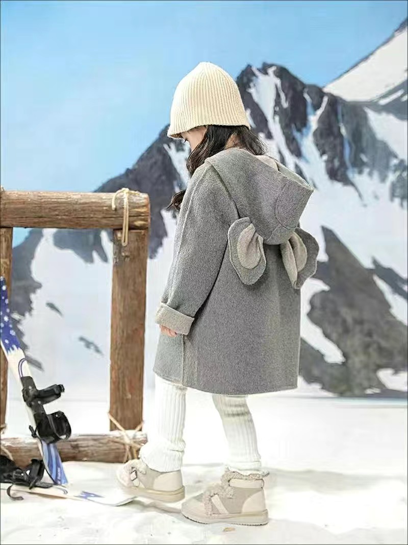 女童双面羊绒大衣2023秋冬新款儿童可爱熊全羊毛加厚男童毛呢外套