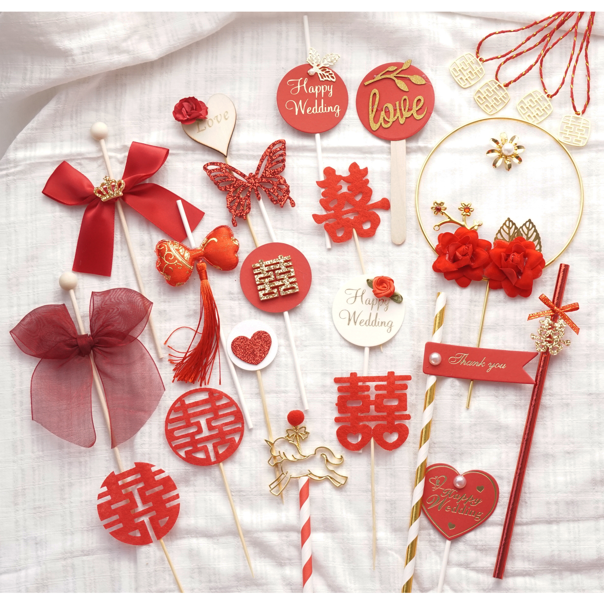 红色婚礼甜品台布置中式主题订婚啦喜字蛋糕插件推推乐围边装饰